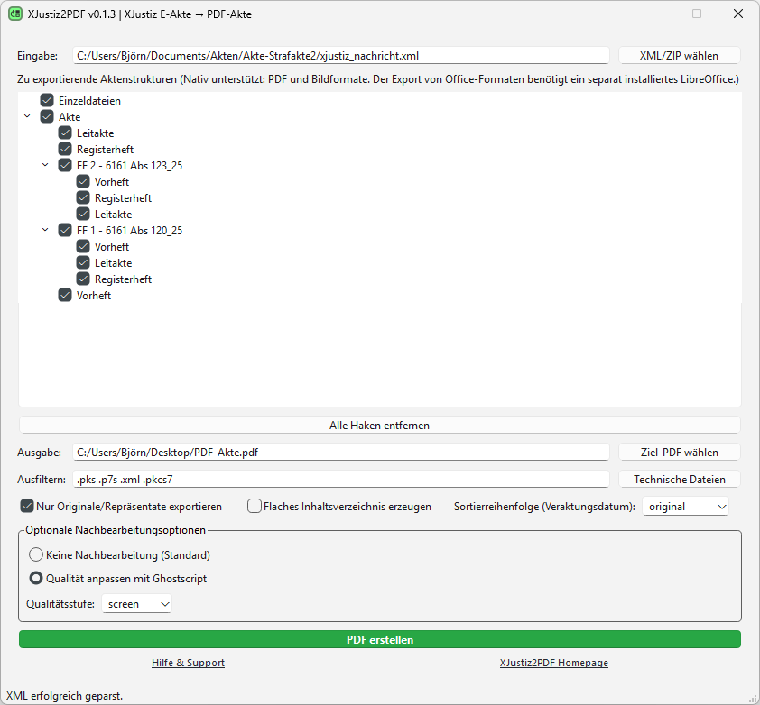 Screenshot der xjustiz2pdf Benutzeroberfläche mit Eingabefeldern, Baumansicht und Exportoptionen